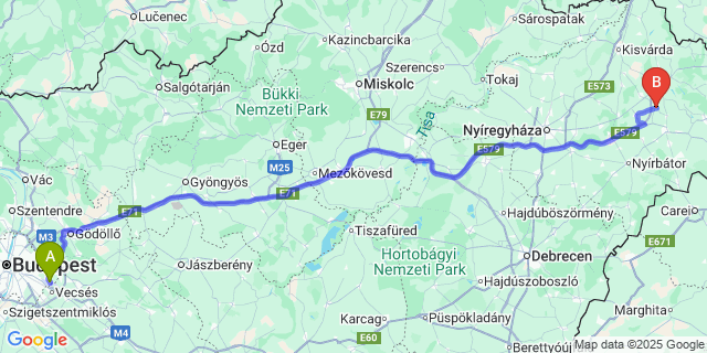 Map: Budapest Airport (BUD), Ferihegy, Liszt Ferenc to Nyírparasznya