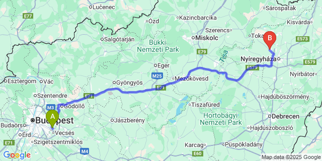 Map: Budapest Airport (BUD), Ferihegy, Liszt Ferenc to Nyírtelek