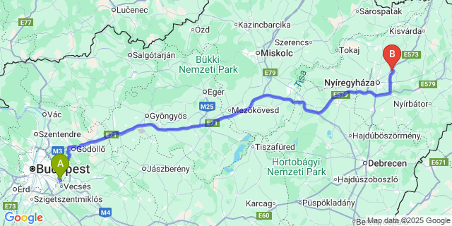 Map: Budapest Airport (BUD), Ferihegy, Liszt Ferenc to Nyírtura