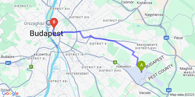 Map: Budapest Airport (BUD), Ferihegy, Liszt Ferenc to Opera Garden Hotel & Apartments