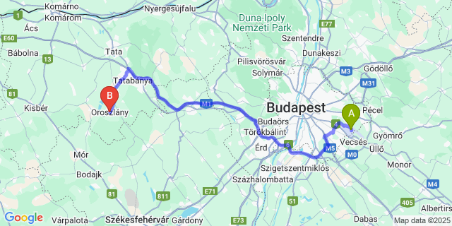 Map: Budapest Airport (BUD), Ferihegy, Liszt Ferenc to Oroszlány