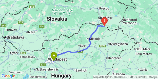 Map: Budapest Airport (BUD), Ferihegy, Liszt Ferenc to Pálháza