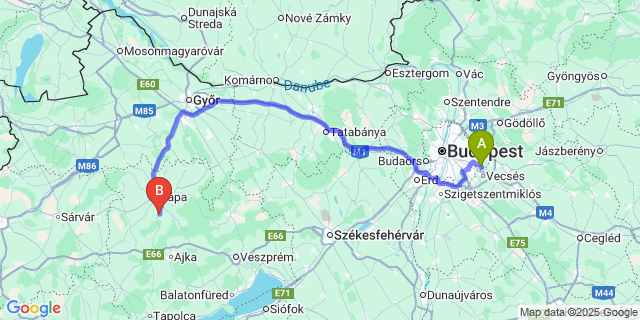 Map: Budapest Airport (BUD), Ferihegy, Liszt Ferenc to Pápakovácsi