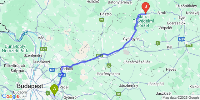 Map: Budapest Airport (BUD), Ferihegy, Liszt Ferenc to Parádfürdő