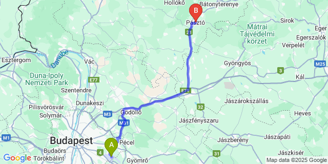 Map: Budapest Airport (BUD), Ferihegy, Liszt Ferenc to Pásztó