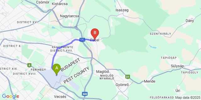 Map: Budapest Airport (BUD), Ferihegy, Liszt Ferenc to Pécel