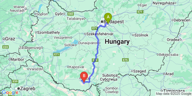 Map: Budapest Airport (BUD), Ferihegy, Liszt Ferenc to Pécsdevecser