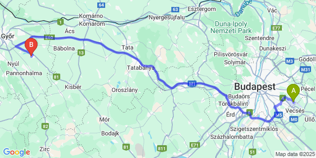 Map: Budapest Airport (BUD), Ferihegy, Liszt Ferenc to Pér