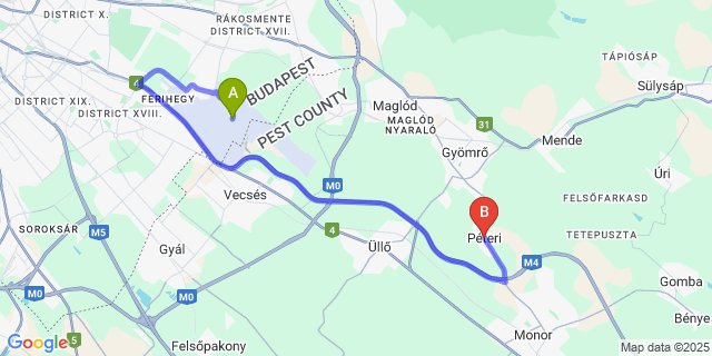 Map: Budapest Airport (BUD), Ferihegy, Liszt Ferenc to Péteri
