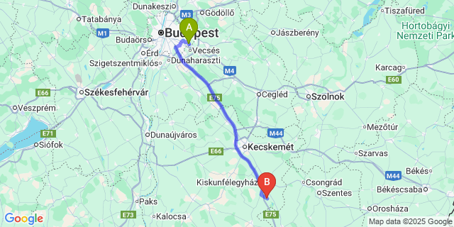 Map: Budapest Airport (BUD), Ferihegy, Liszt Ferenc to Petőfiszállás