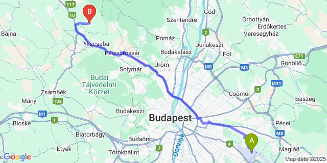 Map: Budapest Airport (BUD), Ferihegy, Liszt Ferenc to Piliscsév