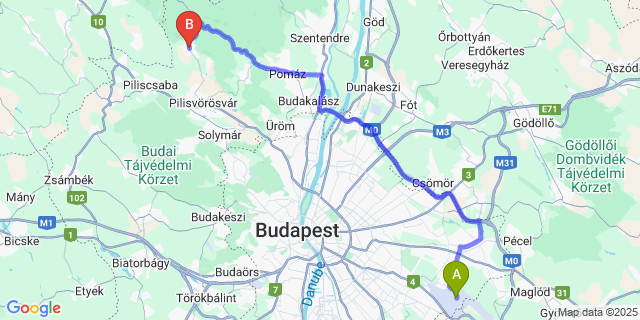 Map: Budapest Airport (BUD), Ferihegy, Liszt Ferenc to Pilisszántó