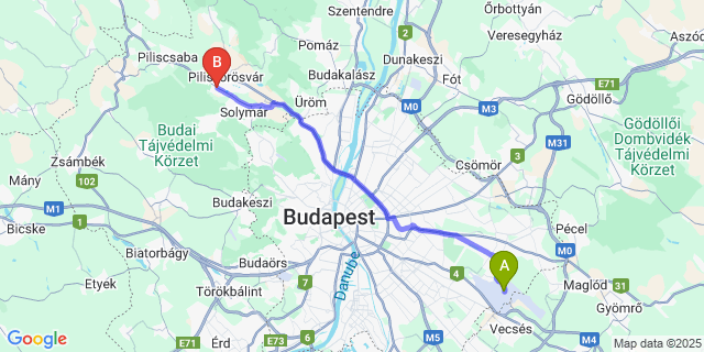 Map: Budapest Airport (BUD), Ferihegy, Liszt Ferenc to Pilisszentiván