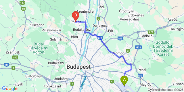 Map: Budapest Airport (BUD), Ferihegy, Liszt Ferenc to Pomáz