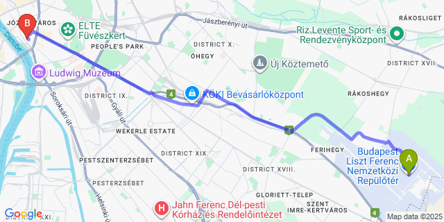 Map: Budapest Airport (BUD), Ferihegy, Liszt Ferenc to Pop Up Hostels - Downtown