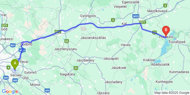 Map: Budapest Airport (BUD), Ferihegy, Liszt Ferenc to Poroszló