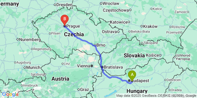 Map: Budapest Airport (BUD), Ferihegy, Liszt Ferenc to Prague city (all areas)