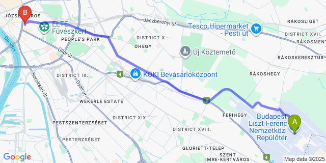 Map: Budapest Airport (BUD), Ferihegy, Liszt Ferenc to Prince Apartments