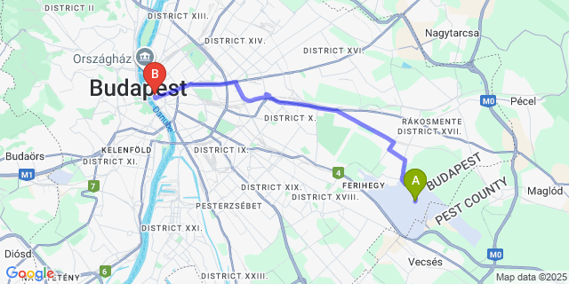 Map: Budapest Airport (BUD), Ferihegy, Liszt Ferenc to Promenade City Hotel
