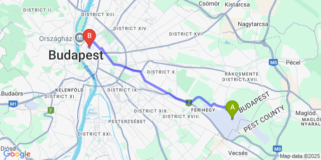 Map: Budapest Airport (BUD), Ferihegy, Liszt Ferenc to Pullman Budapest