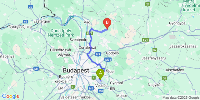 Map: Budapest Airport (BUD), Ferihegy, Liszt Ferenc to Püspökszilágy