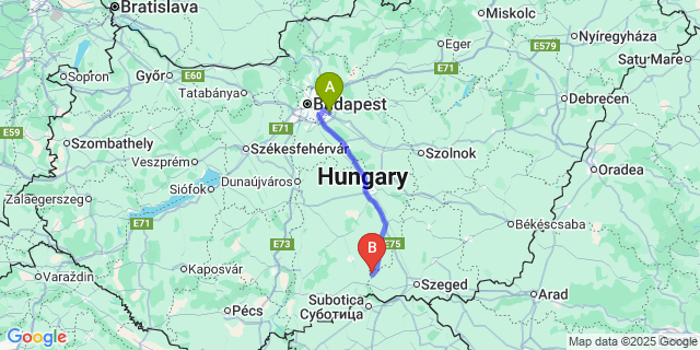 Map: Budapest Airport (BUD), Ferihegy, Liszt Ferenc to Pusztamérges