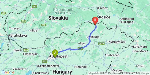 Map: Budapest Airport (BUD), Ferihegy, Liszt Ferenc to Pusztaradvány