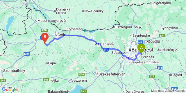 Map: Budapest Airport (BUD), Ferihegy, Liszt Ferenc to Rábaszentmihály