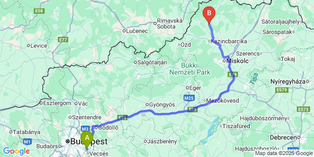 Map: Budapest Airport (BUD), Ferihegy, Liszt Ferenc to Rudabánya