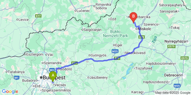 Map: Budapest Airport (BUD), Ferihegy, Liszt Ferenc to Sajóbábony