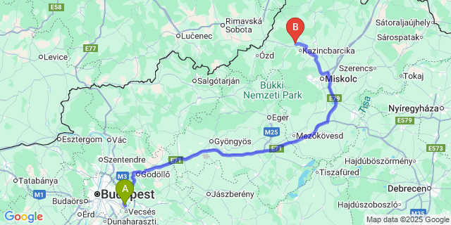 Map: Budapest Airport (BUD), Ferihegy, Liszt Ferenc to Sajókaza