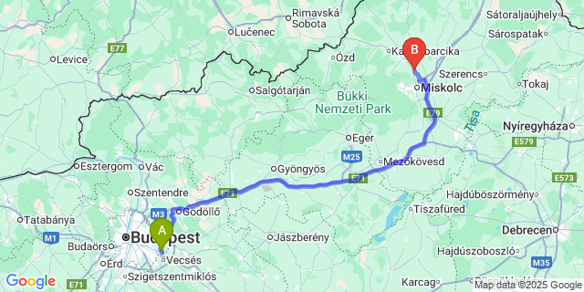Map: Budapest Airport (BUD), Ferihegy, Liszt Ferenc to Sajókeresztúr