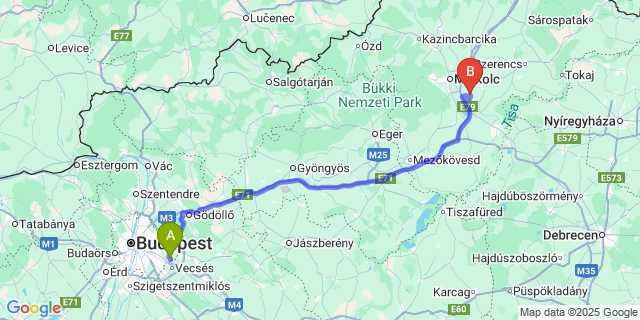 Map: Budapest Airport (BUD), Ferihegy, Liszt Ferenc to Sajólád