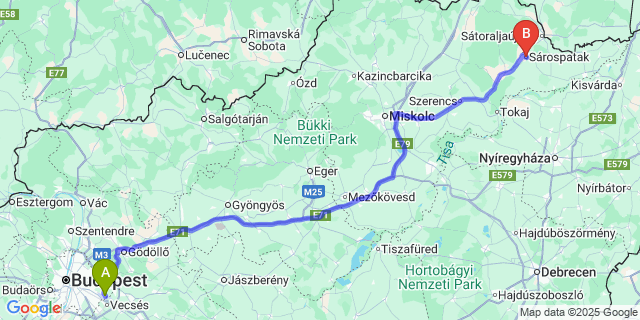 Map: Budapest Airport (BUD), Ferihegy, Liszt Ferenc to Sárospatak
