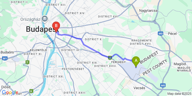 Map: Budapest Airport (BUD), Ferihegy, Liszt Ferenc to Silver Boutique Hotel