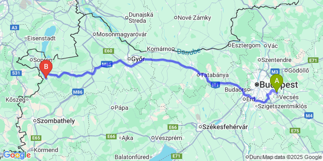 Map: Budapest Airport (BUD), Ferihegy, Liszt Ferenc to Sopronkövesd