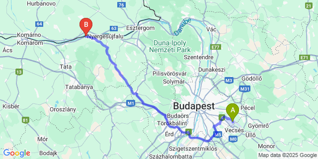 Map: Budapest Airport (BUD), Ferihegy, Liszt Ferenc to Süttő