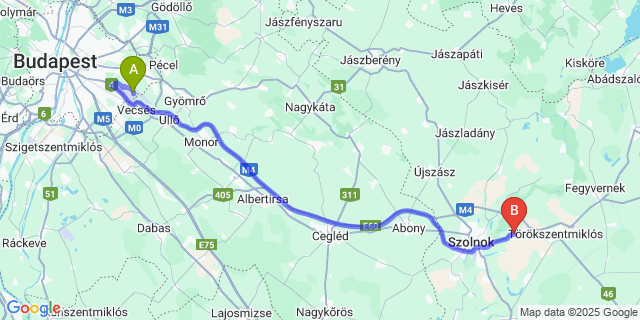 Map: Budapest Airport (BUD), Ferihegy, Liszt Ferenc to Szajol