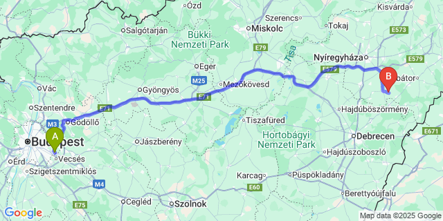 Map: Budapest Airport (BUD), Ferihegy, Liszt Ferenc to Szakoly