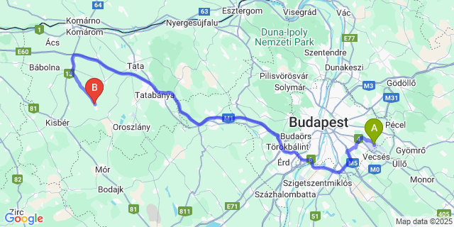 Map: Budapest Airport (BUD), Ferihegy, Liszt Ferenc to Szákszend