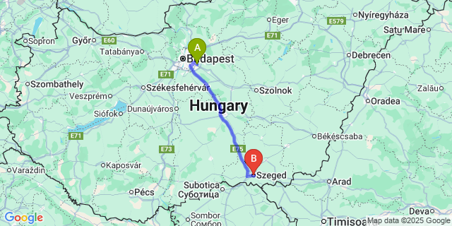 Map: Budapest Airport (BUD), Ferihegy, Liszt Ferenc to Szeged