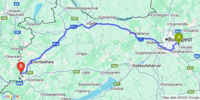 Map: Budapest Airport (BUD), Ferihegy, Liszt Ferenc to Szentpéterfa