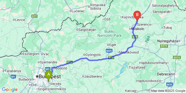 Map: Budapest Airport (BUD), Ferihegy, Liszt Ferenc to Szikszó