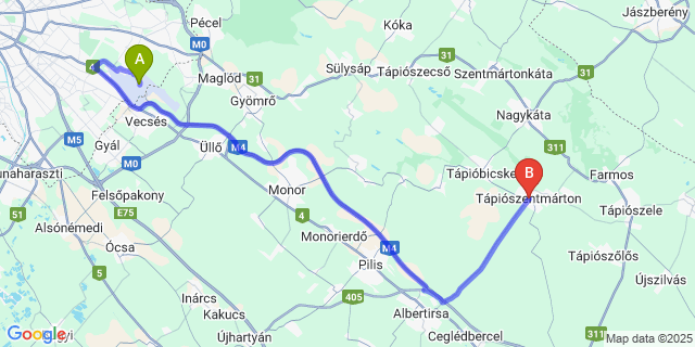 Map: Budapest Airport (BUD), Ferihegy, Liszt Ferenc to Tápiószentmárton