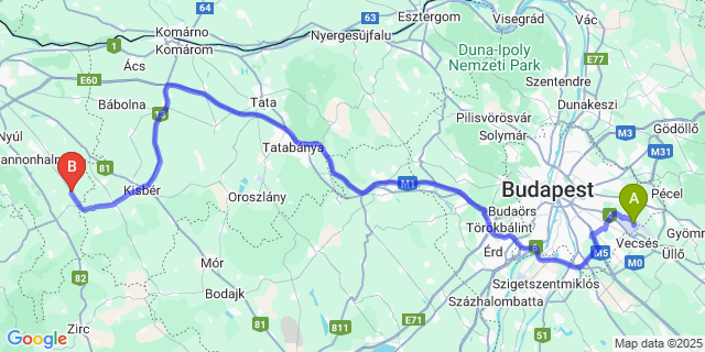 Map: Budapest Airport (BUD), Ferihegy, Liszt Ferenc to Tápszentmiklós