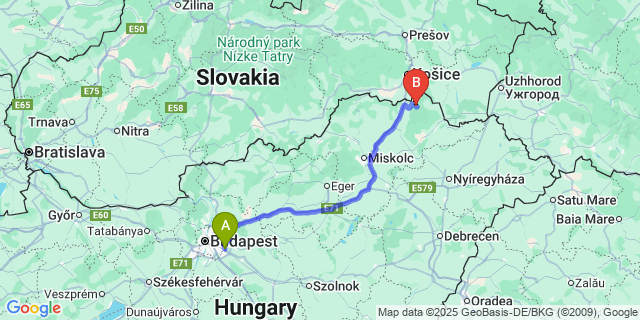 Map: Budapest Airport (BUD), Ferihegy, Liszt Ferenc to Telkibánya