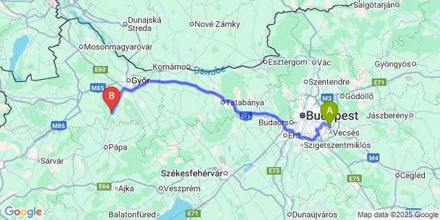 Map: Budapest Airport (BUD), Ferihegy, Liszt Ferenc to Tét