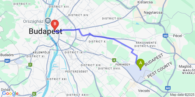 Map: Budapest Airport (BUD), Ferihegy, Liszt Ferenc to The Hive Party Hostel