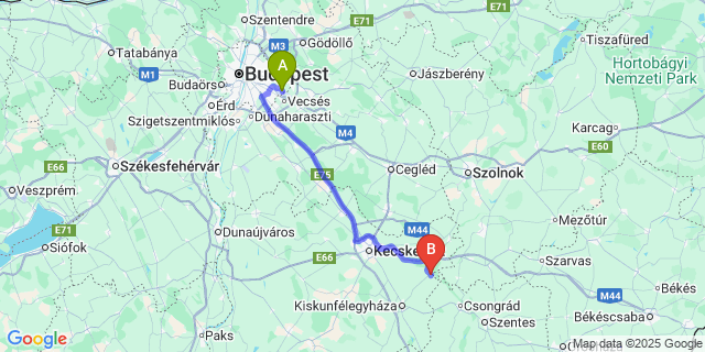 Map: Budapest Airport (BUD), Ferihegy, Liszt Ferenc to Tiszaalpár