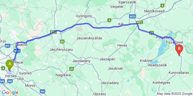 Map: Budapest Airport (BUD), Ferihegy, Liszt Ferenc to Tiszaigar